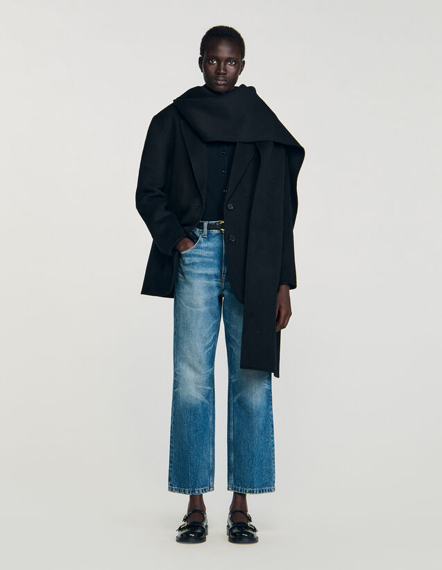 Short Coat With Integrated Scarf - SFPOU00798 | sandro-paris.com Short Coat With Integrated Scarf : Coats color Black