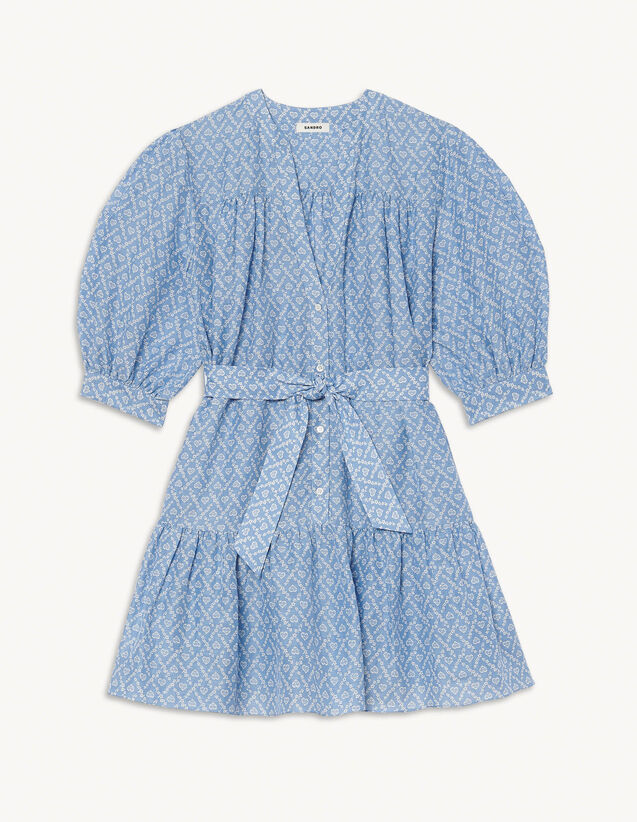 Short Linen And Silk Heart-Print Dress : Dresses color Blue/white