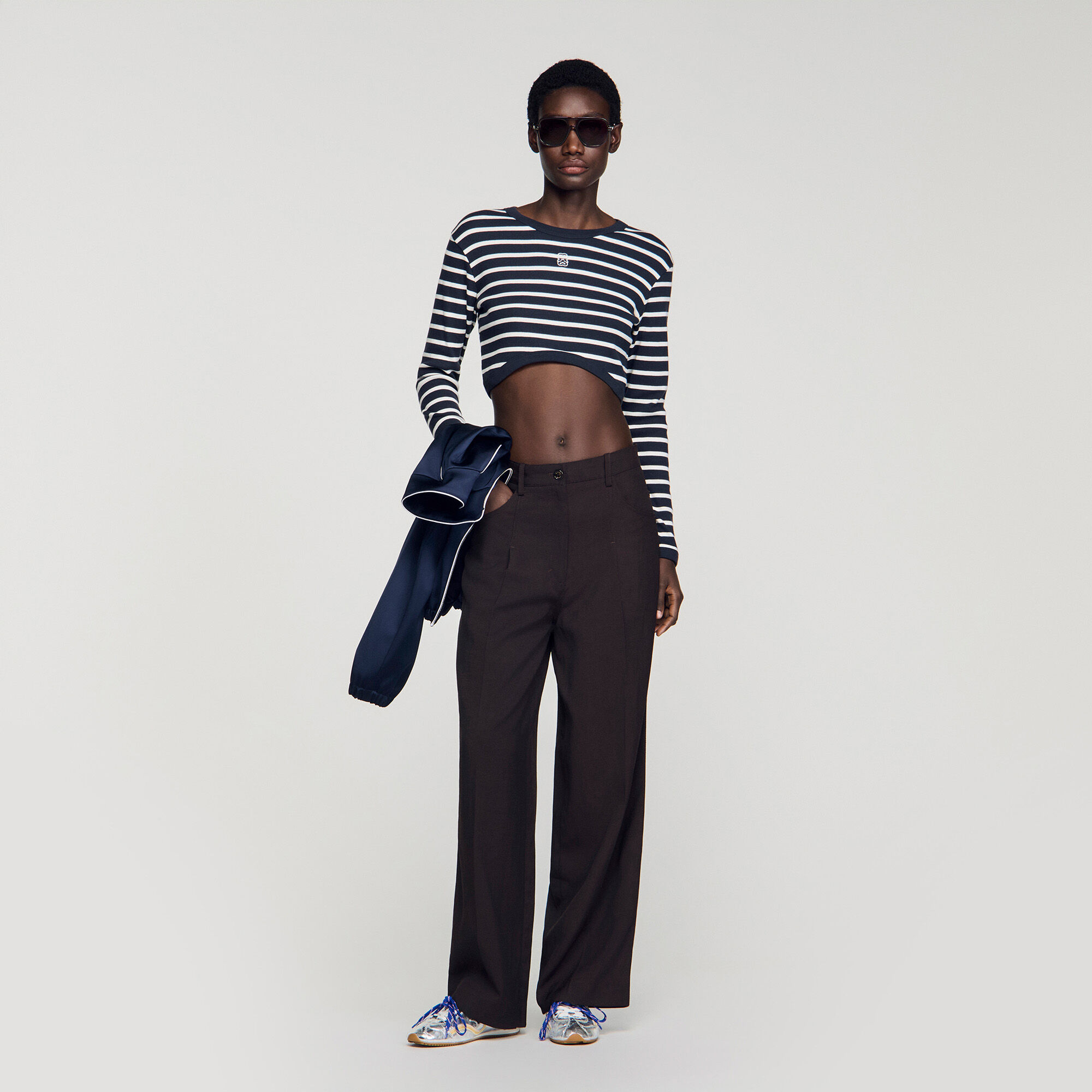 Cropped Striped Cotton T-Shirt : T-shirts color Marine / Blanc