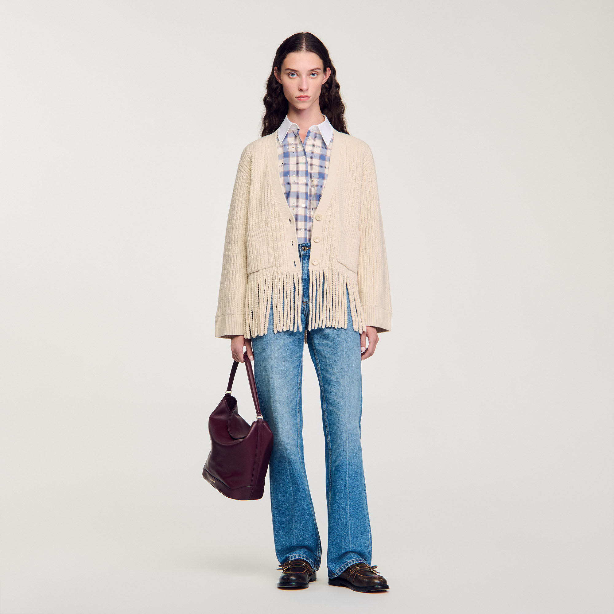 Fringed Knit Cardigan : Sweaters & Cardigans&nbsp; color Ecru