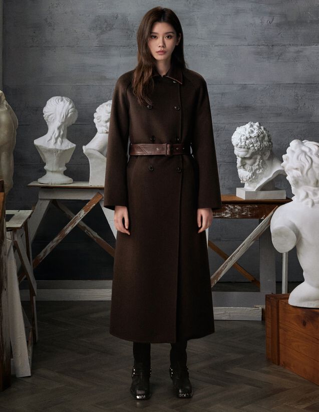 Long Wool And Leather Coat - SFPOU00741 | sandro-paris.com Long Wool And Leather Coat : Coats color Brown