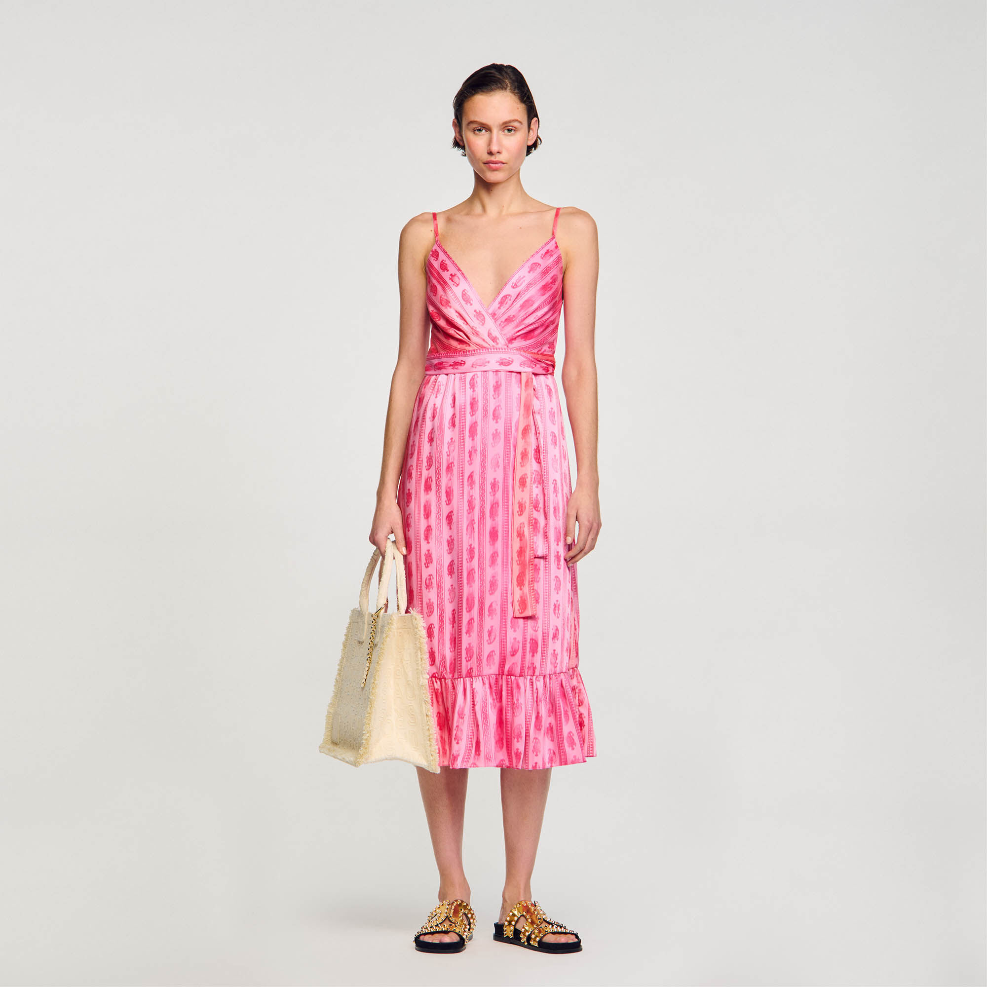 Midi Dress With Tie Belt : Dresses&nbsp; color Pink / Red