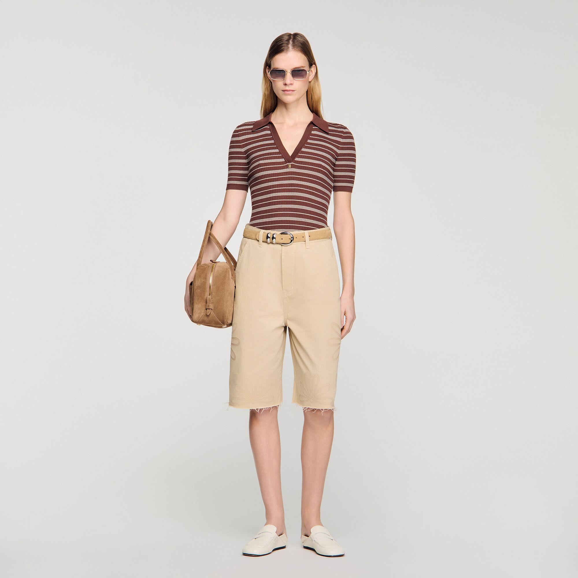 Striped V-Neck Polo Jumper : Sweaters & Cardigans color Brown