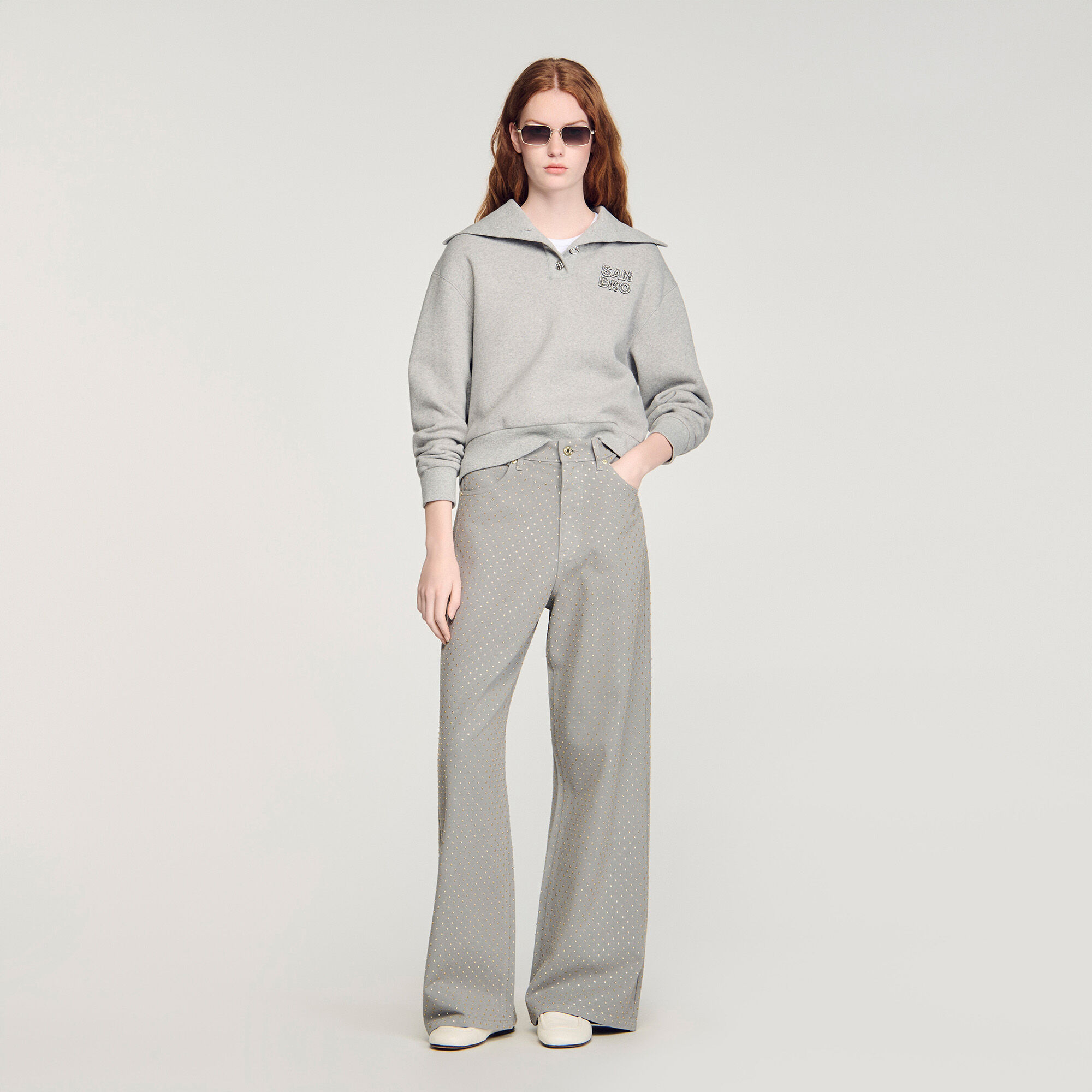 Rhinestone-Embellished Jeans : Jeans color Grey