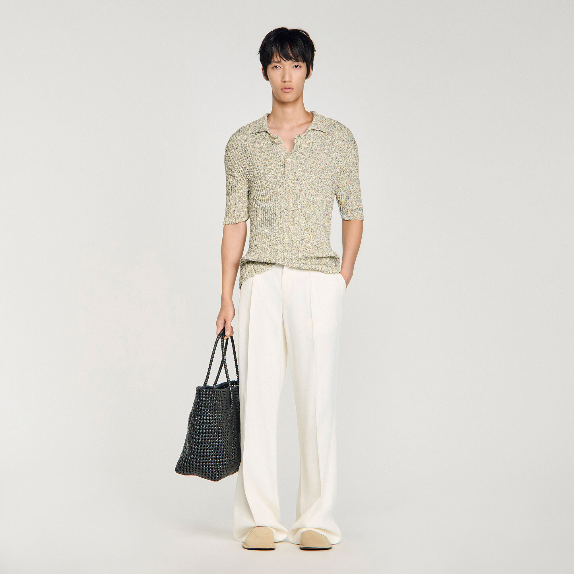 Marl Cotton Knit Polo Shirt : Sweaters & Cardigans color White / Black