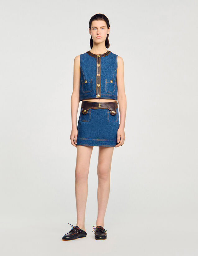 Denim And Leather Top - SFPTO00833 | sandro-paris.com Denim And Leather Top : Tops color Dark Blue