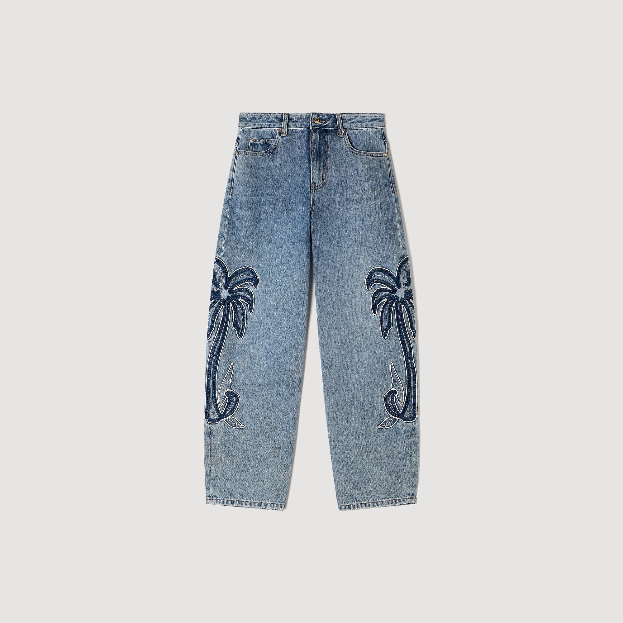 Palm-Embroidered Wide Barrel Jeans : Jeans color Blue Jean