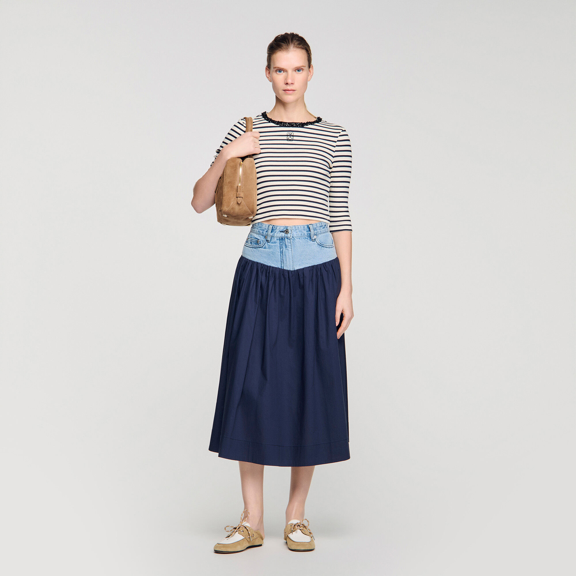 Short Striped Tee With Pearl Collar : T-shirts color Navy Blue