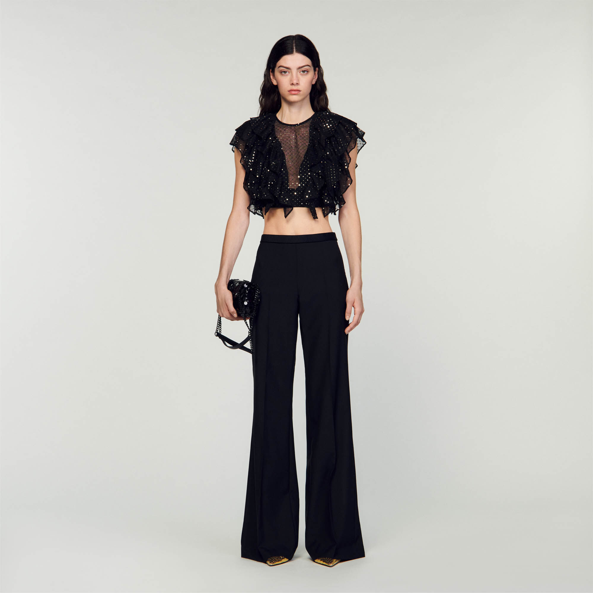 Ruffled Crop Top : Tops & T-shirts&nbsp; color Black / Gold