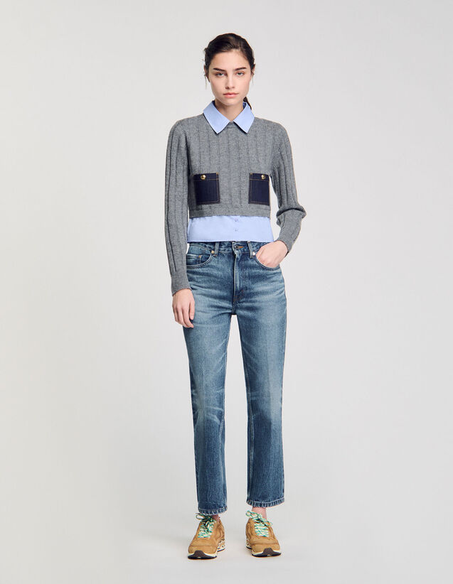 Cropped Wool And Cashmere Jumper - SFPPU02315 | sandro-paris.com Cropped Wool And Cashmere Jumper : Sweaters & Cardigans color Grey