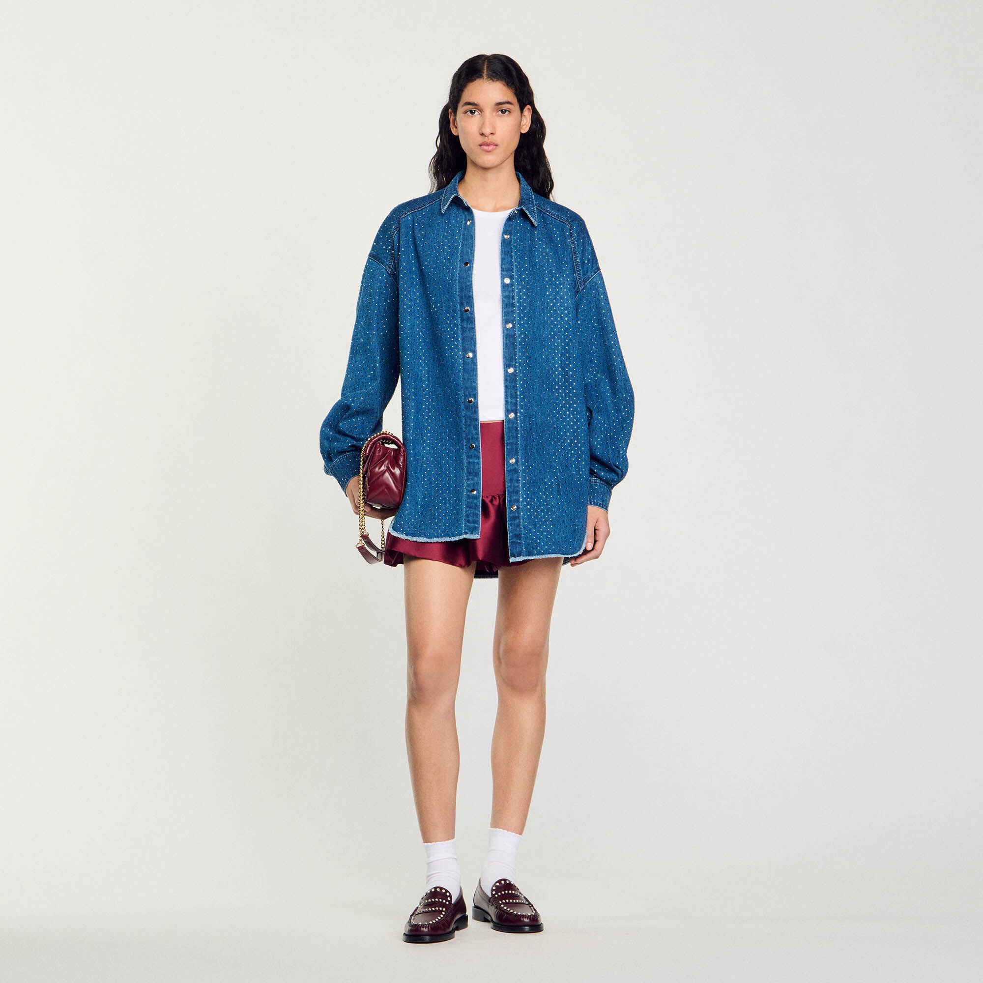 Denim Shirt With Rhinestones : Tops & T-shirts&nbsp; color Blue Jean