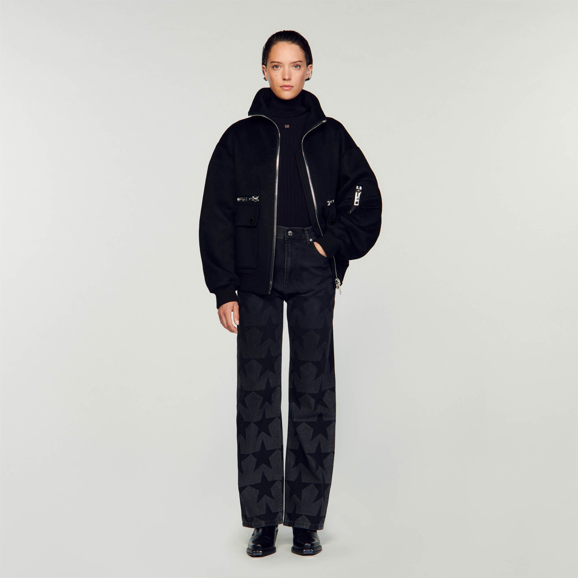 Zip-Up Bomber Jacket : Coats & Jackets&nbsp; color Black