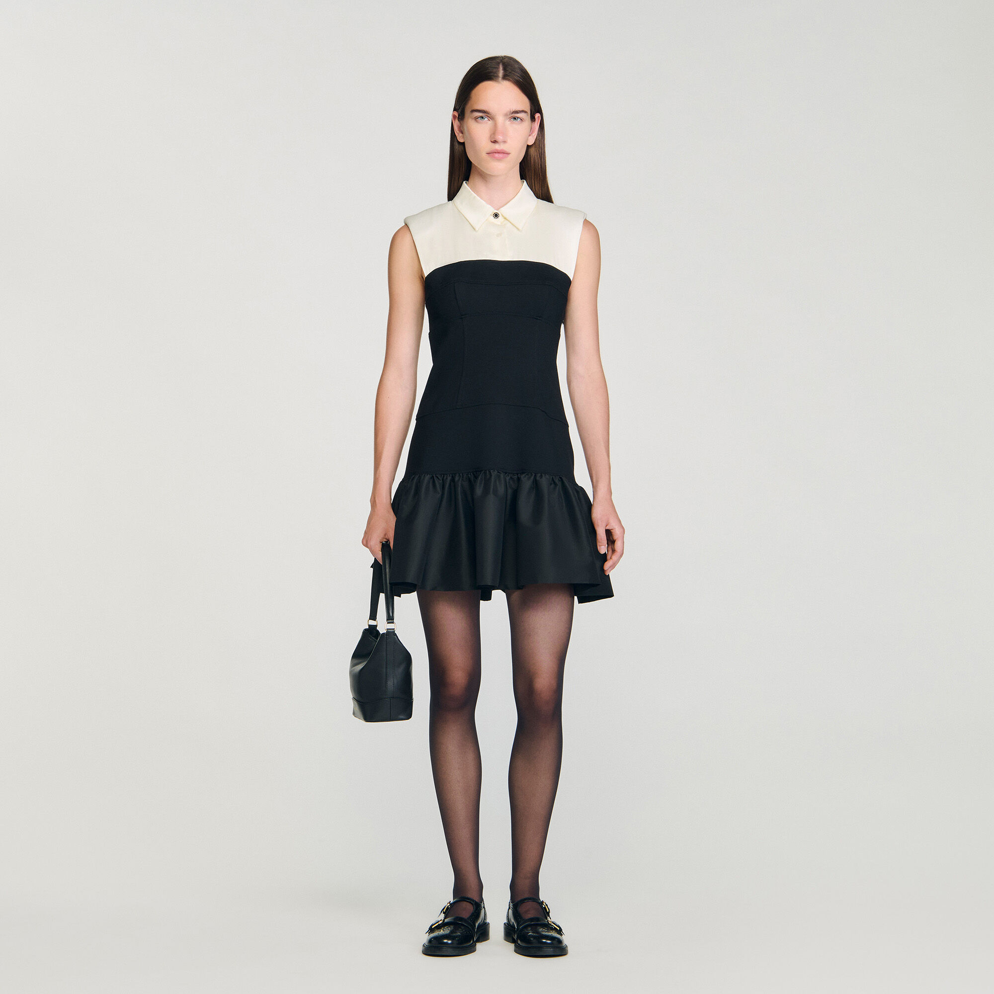 Short Two-Tone Ruffled Dress : Dresses color Ecru / Black