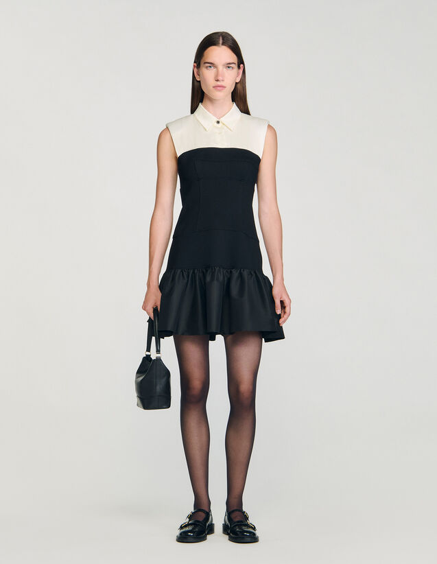 Short Two-Tone Ruffled Dress - SFPRO04603 | sandro-paris.com Short Two-Tone Ruffled Dress : Dresses color Ecru / Black