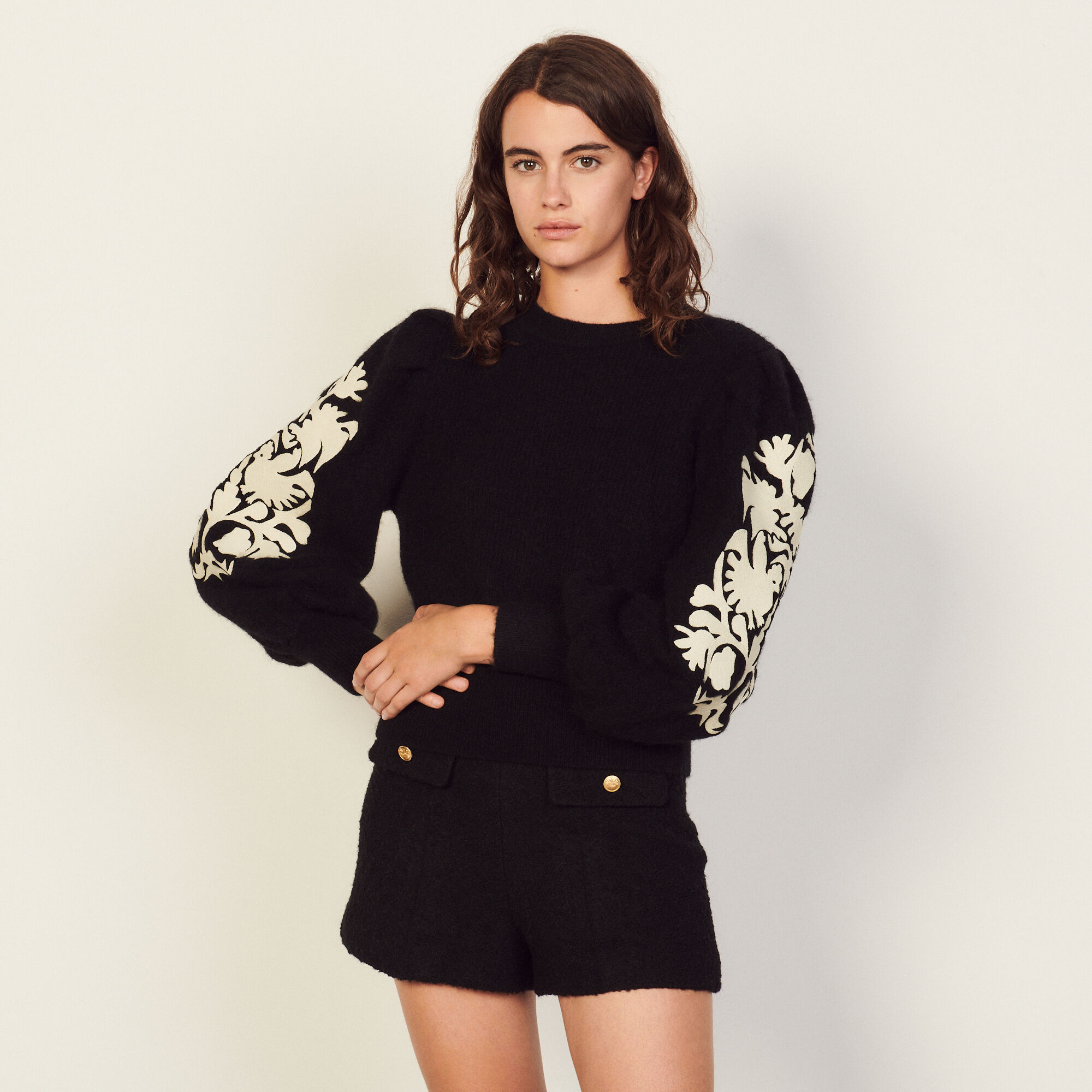 Embroidered sleeve sweater new arrivals