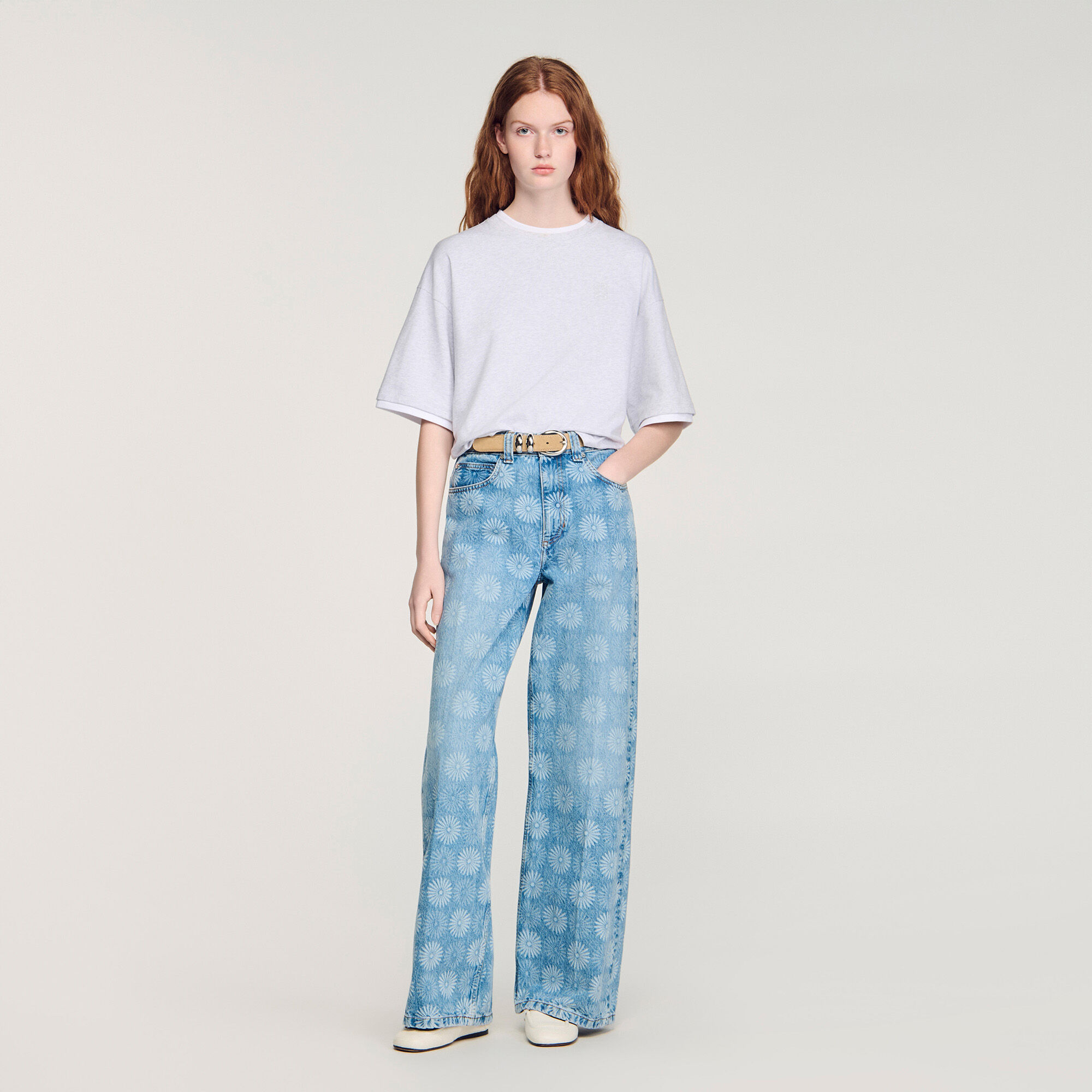 Wide-Leg Floral Print Jeans : Jeans color Blue Jean