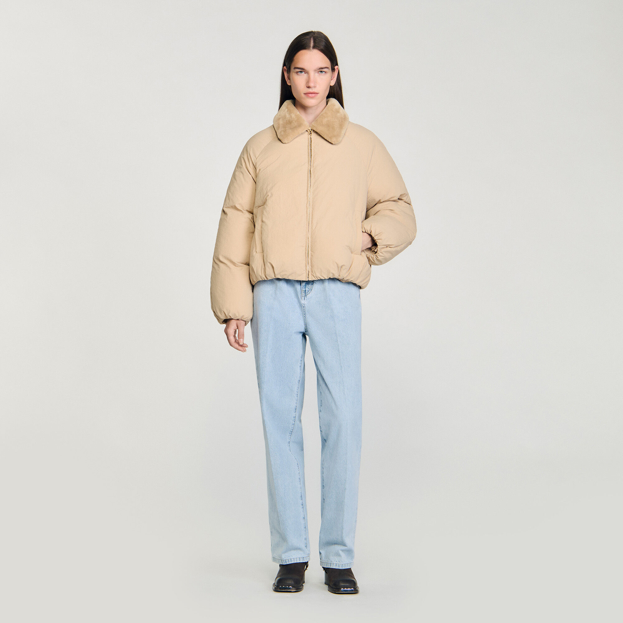 Puffer Jacket With Shearling Collar : Coats color Beige