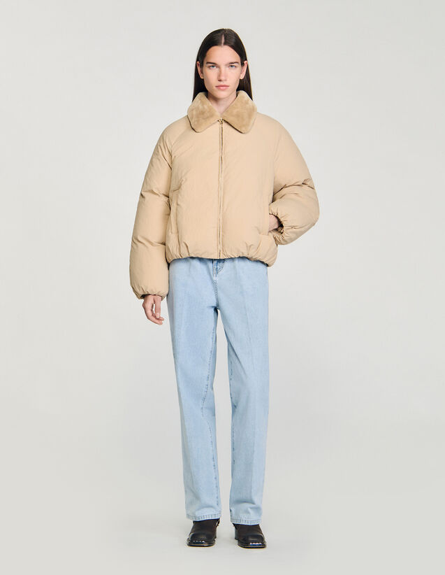 Puffer Jacket With Shearling Collar - SFPOU00744 | sandro-paris.com Puffer Jacket With Shearling Collar : Coats color Beige