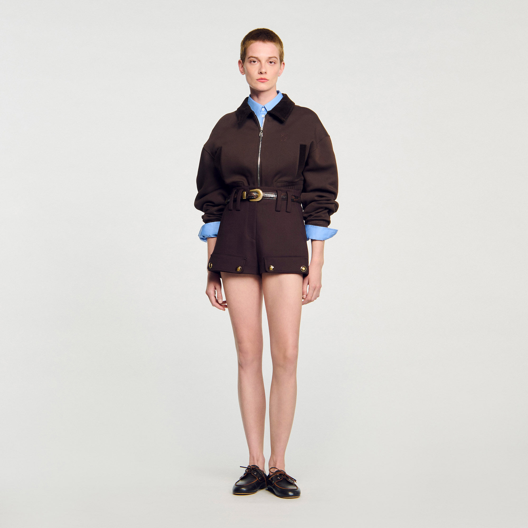 Cropped Dual-Fabric Sweatshirt : Tops color Brown