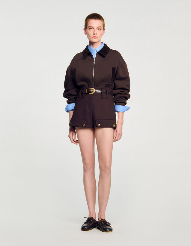 Cropped Dual-Fabric Sweatshirt - SFPSW00697 | sandro-paris.com Cropped Dual-Fabric Sweatshirt : Tops color Brown