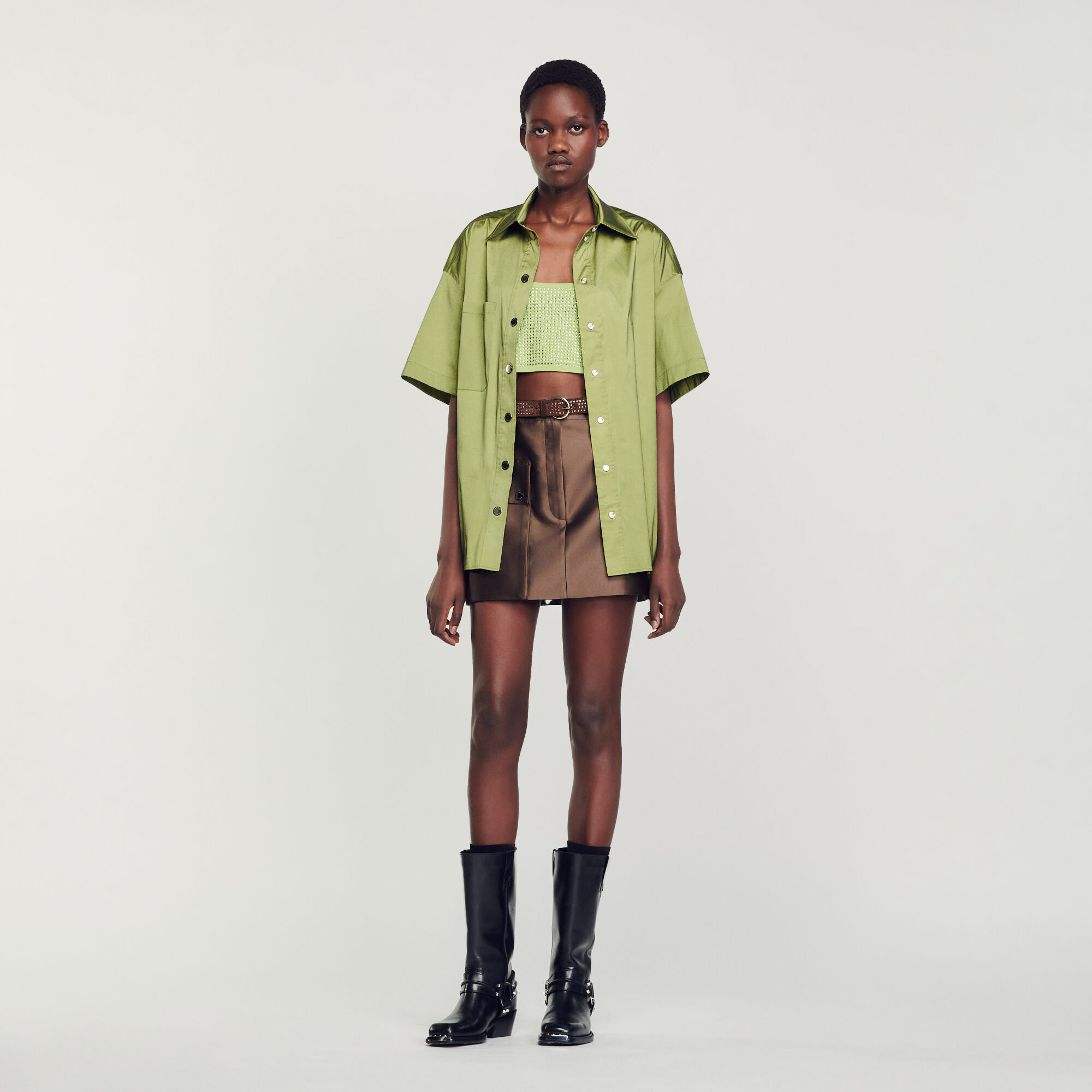 Oversize Satin Shirt : Tops & T-shirts&nbsp; color Light kaki