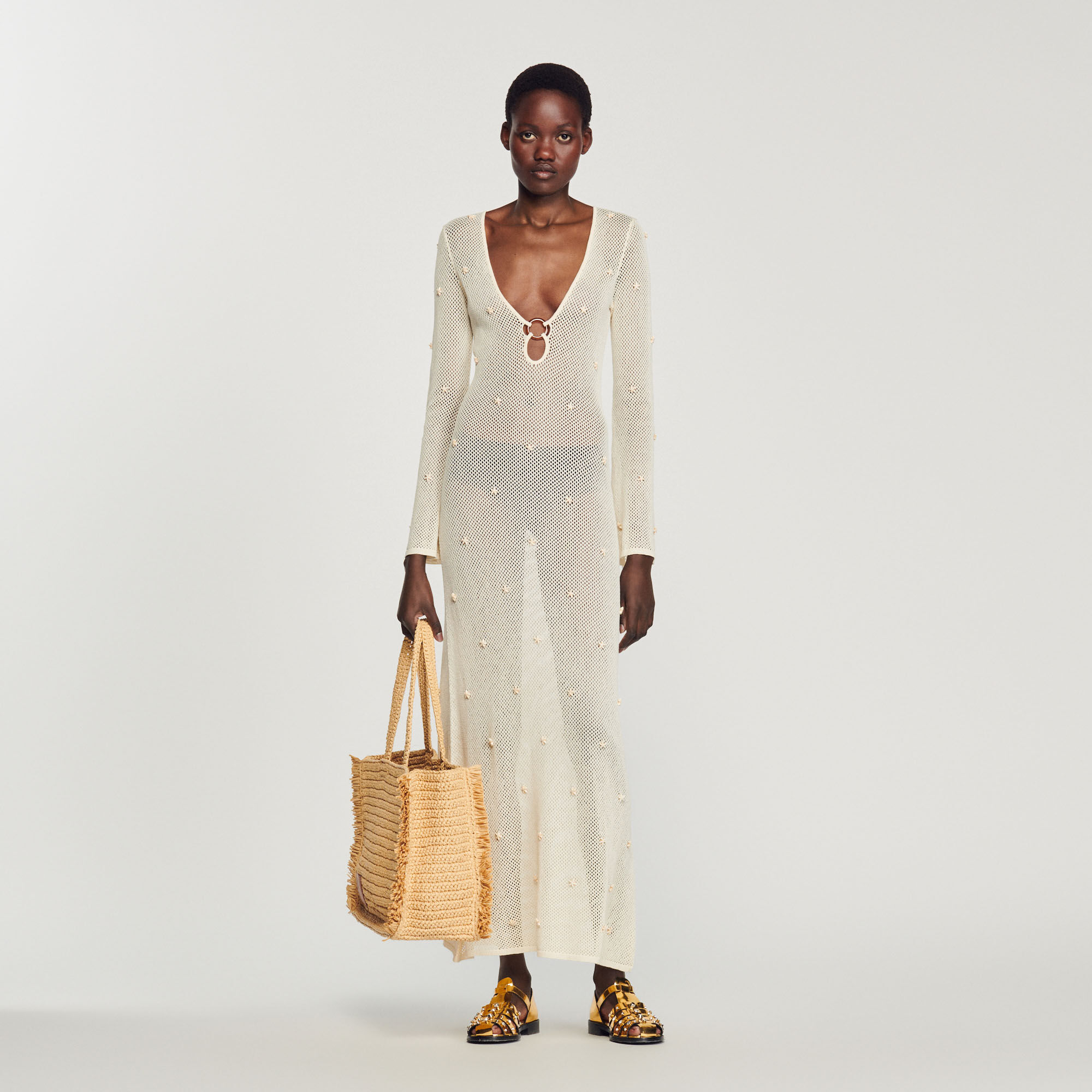 Long Mesh Sequin Dress : Dresses&nbsp; color Ecru