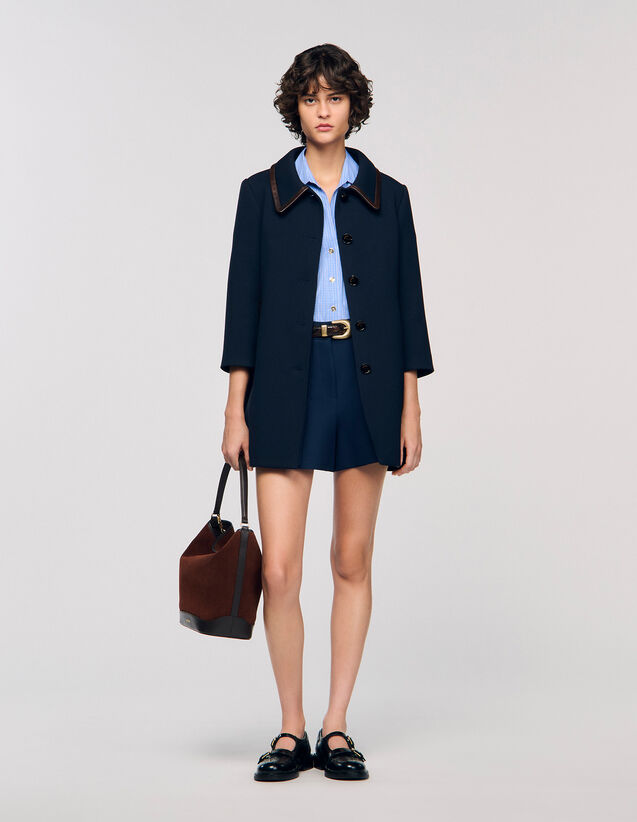 Leather Trim Coat - SFPOU00718 | sandro-paris.com Leather Trim Coat : Coats color Navy Blue