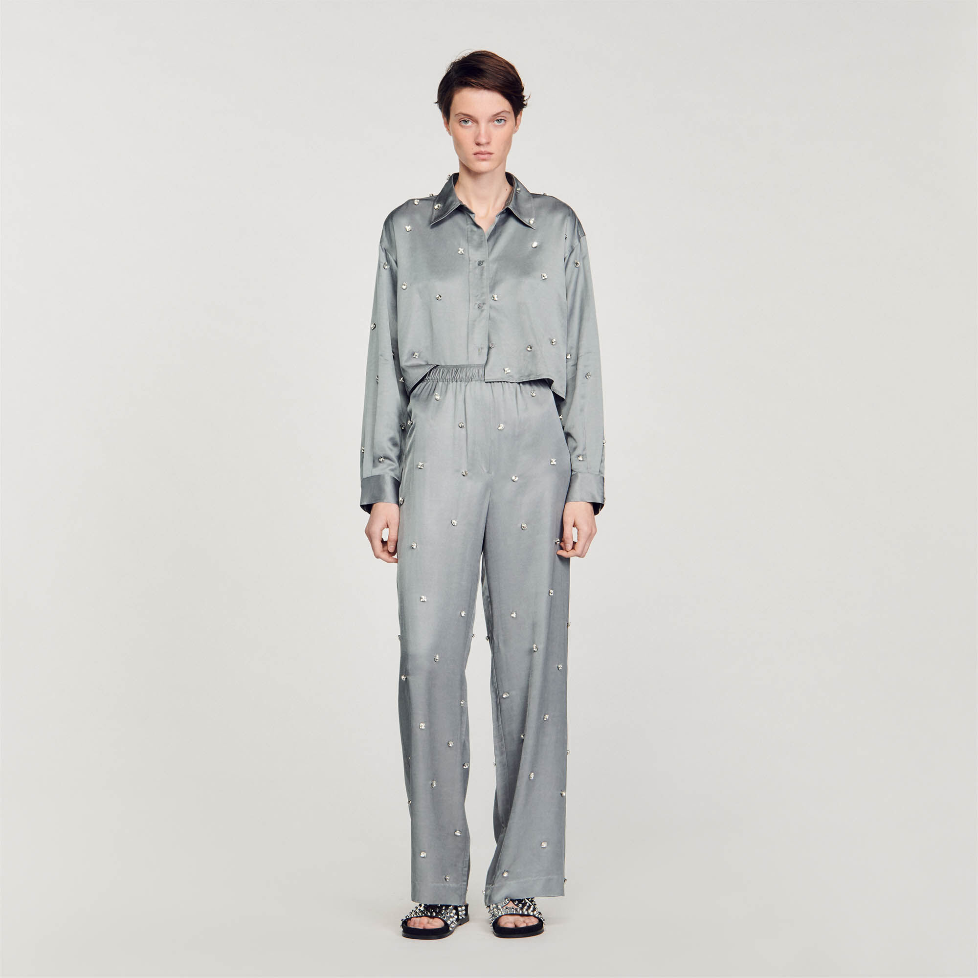 Satiny Rhinestone Shirt : Tops & T-shirts&nbsp; color Grey