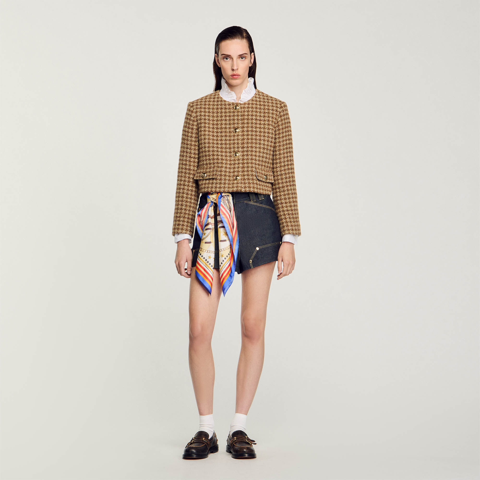 Short Micro Houndstooth Jacket : Coats & Jackets&nbsp; color Brown