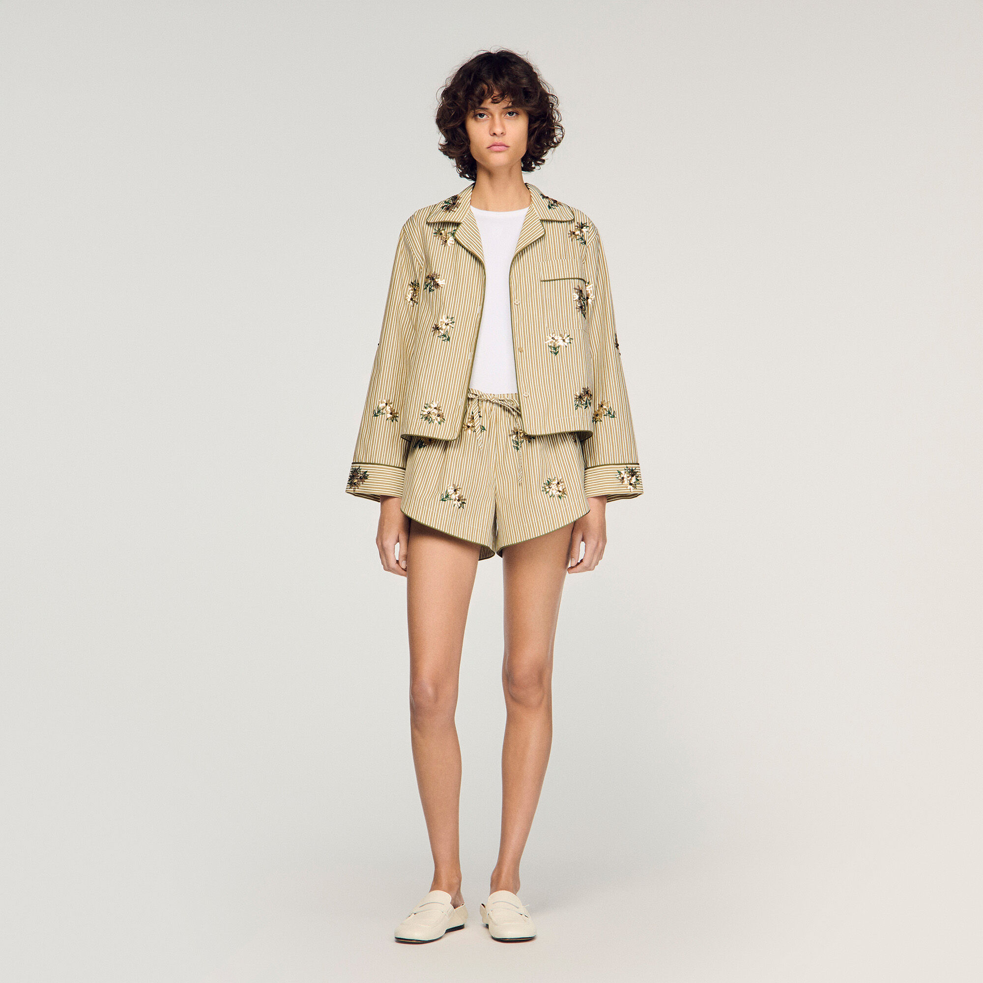 Floral Embroidered Striped Shorts : Skirts & Shorts color Olive Green