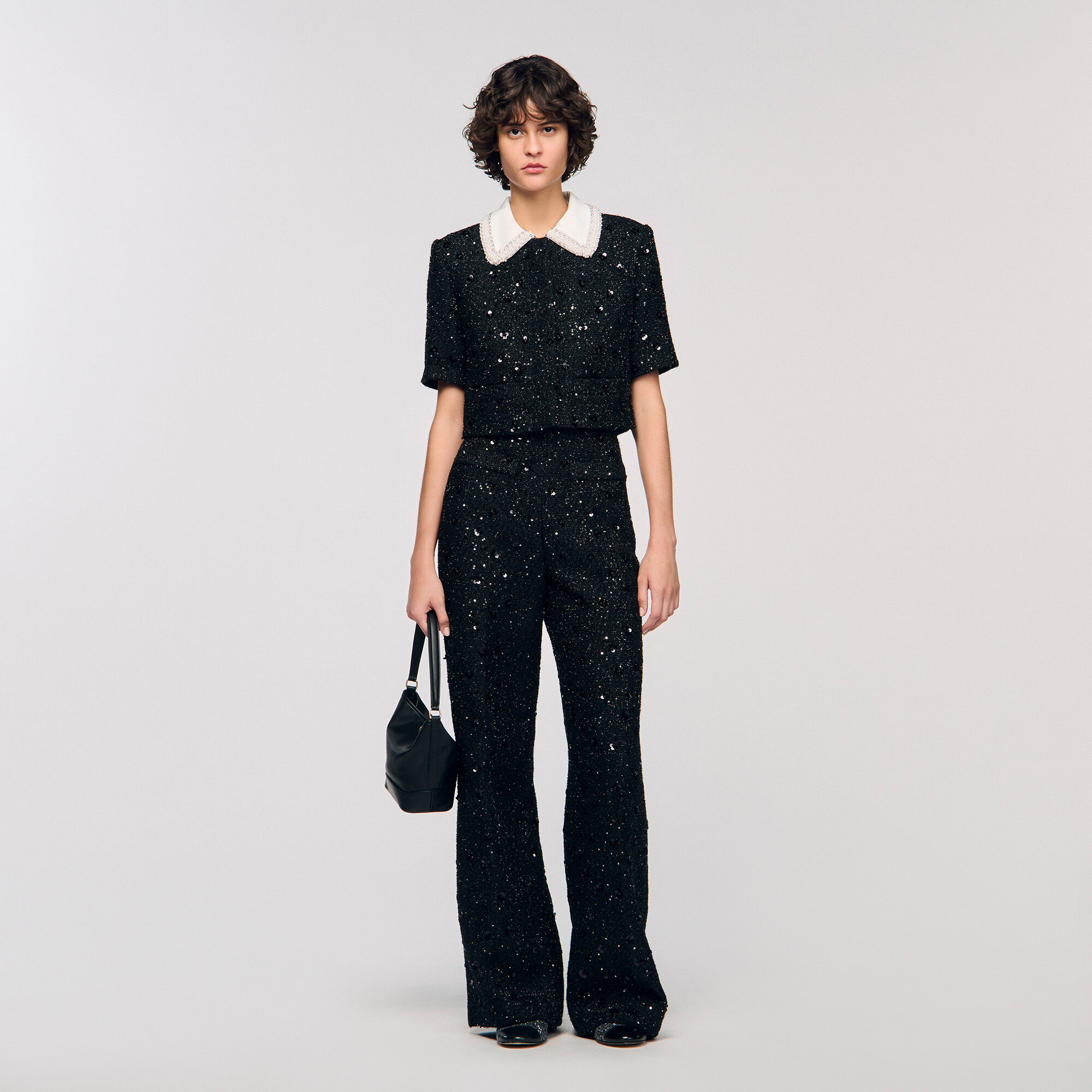 Rhinestone Tweed Cropped Jacket : Blazers & Jackets color Black