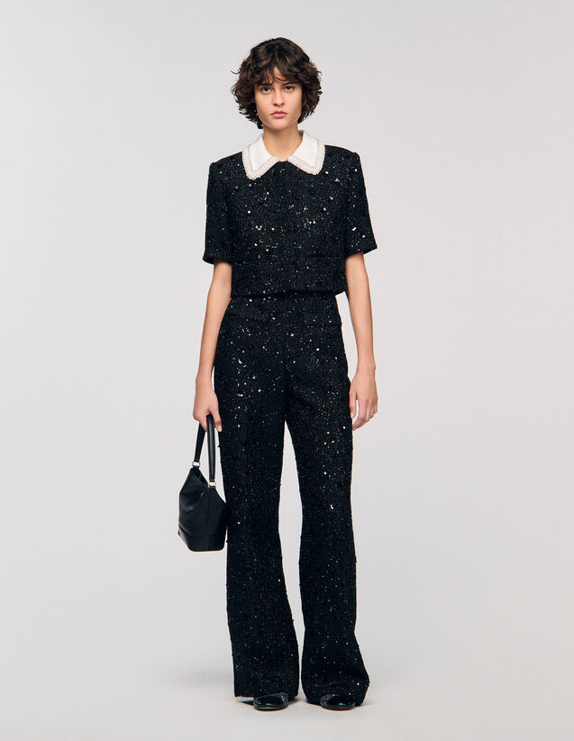Rhinestone Tweed Cropped Jacket - SFPVE01270 | sandro-paris.com Rhinestone Tweed Cropped Jacket : Blazers & Jackets color Black