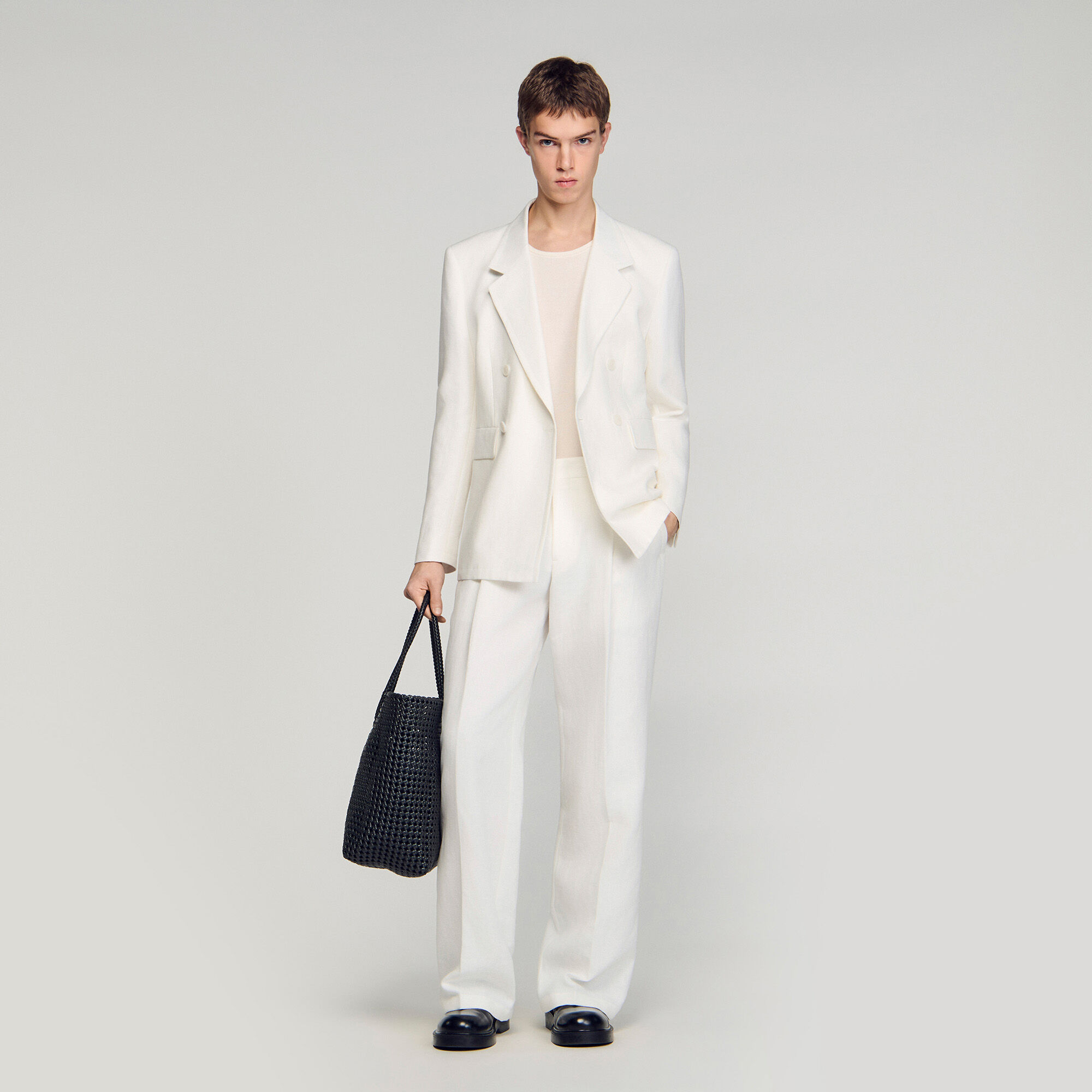 Double-Breasted Linen Suit Jacket : Suits & Tuxedos color white