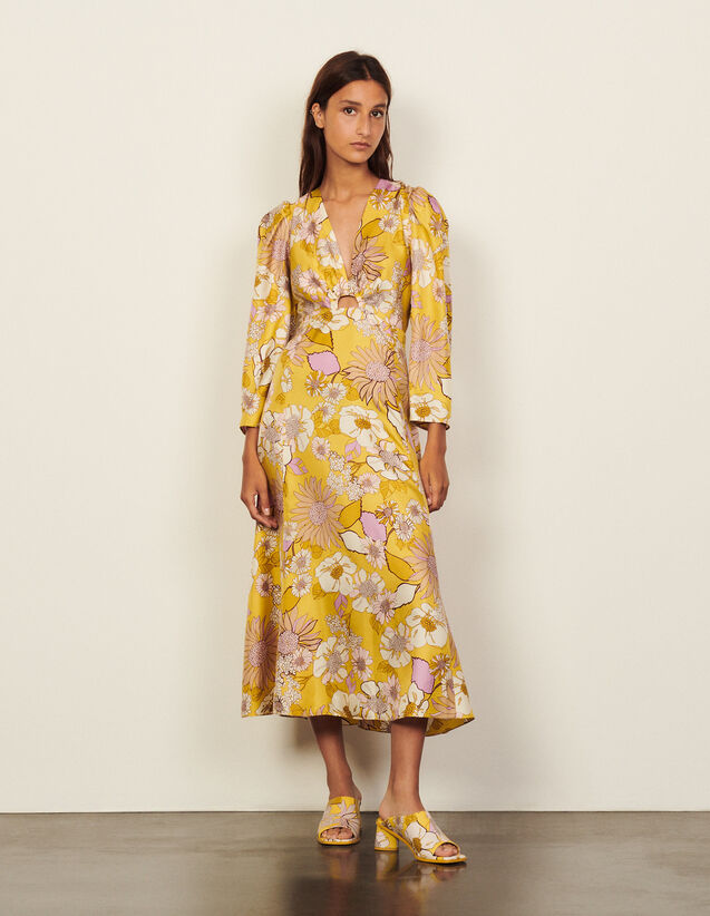 Long Silk Printed Dress : Dresses color Yellow / Lilac