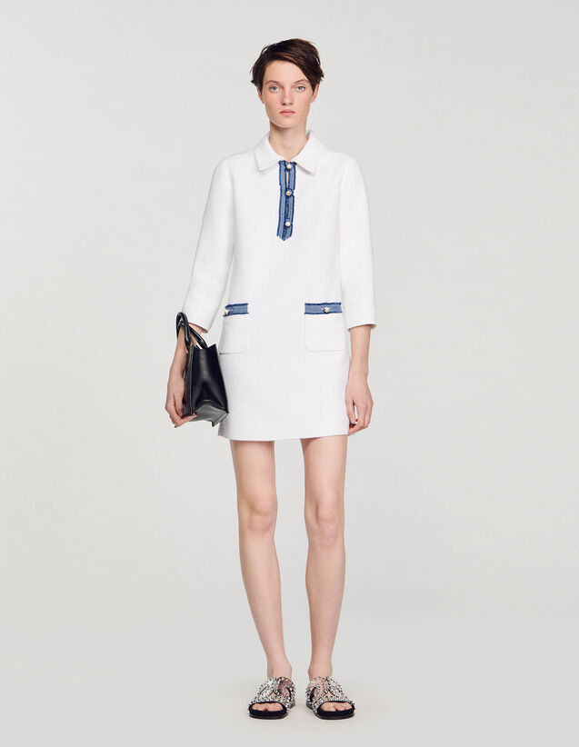 Long-Sleeved Short Tweed Dress : Dresses color white