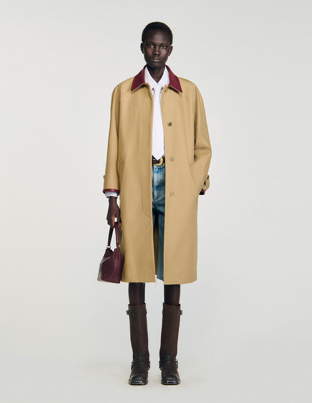 Trench Coat With Leather Collar - SFPOU00784 | sandro-paris.com Trench Coat With Leather Collar : Coats color Beige