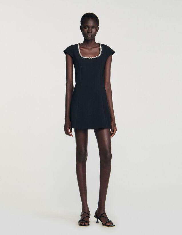 Short Dress With Rhinestone Collar - SFPRO04476 | sandro-paris.com Short Dress With Rhinestone Collar : Dresses color Black