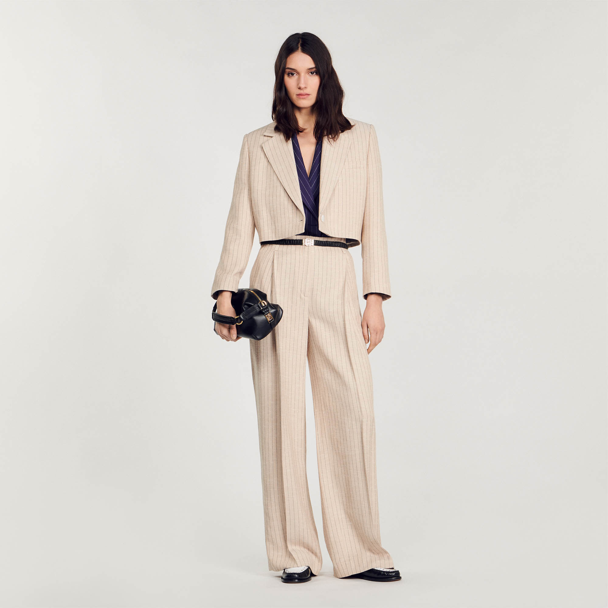 Stripy Cropped Jacket : Coats & Jackets&nbsp; color Beige