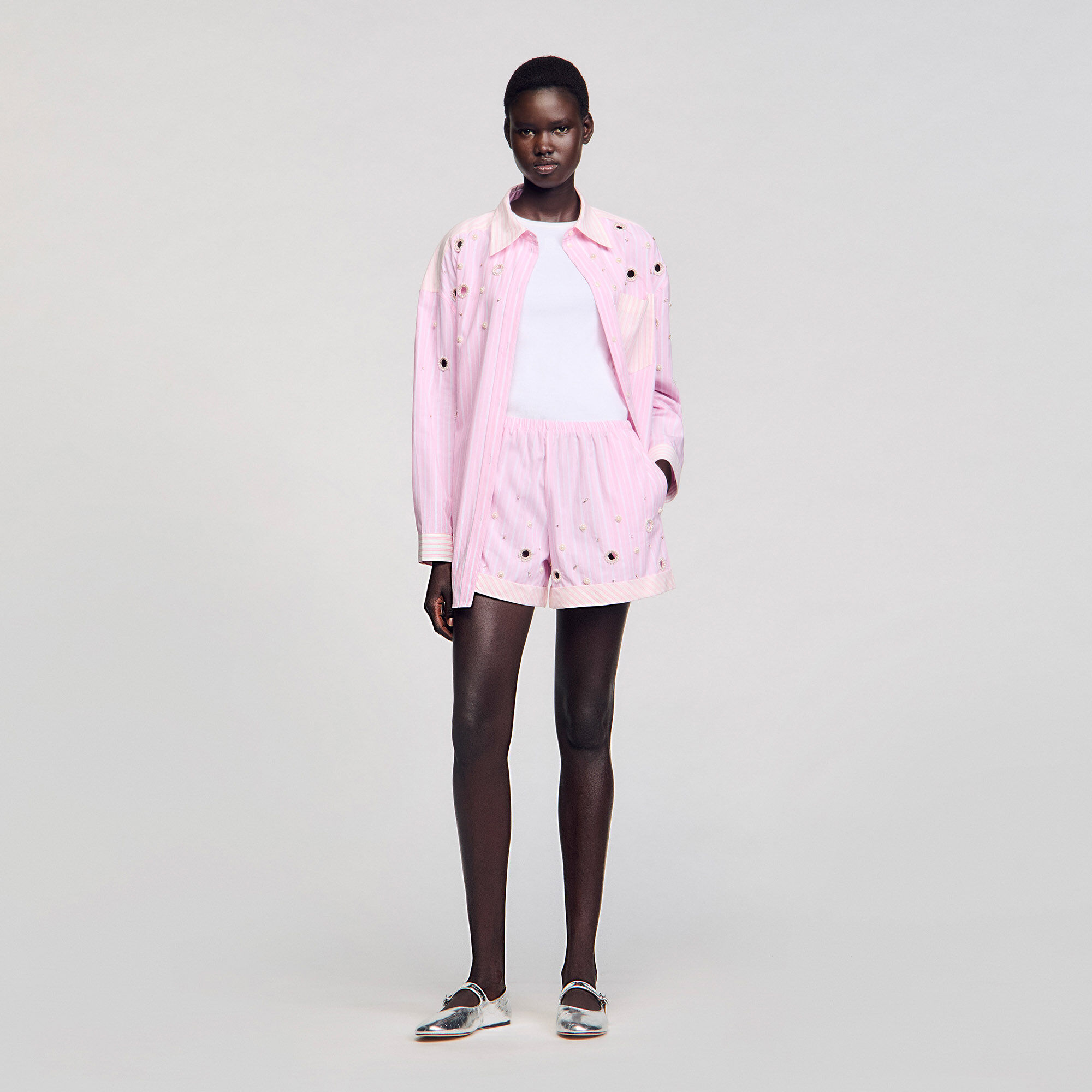 Striped Rhinestone Shirt : null color Pink