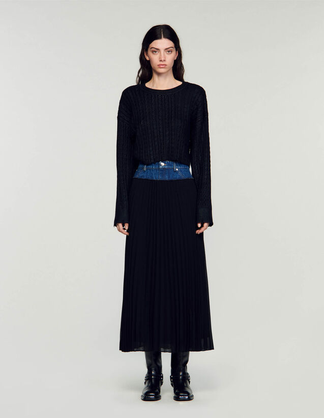 Long Pleated Denim Skirt : Skirts & Shorts color Black