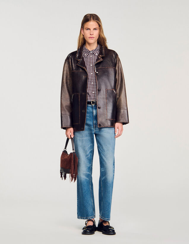 Oversized Leather Jacket With Studs - SFPBL01172 | sandro-paris.com Oversized Leather Jacket With Studs : Blazers & Jackets color Brown