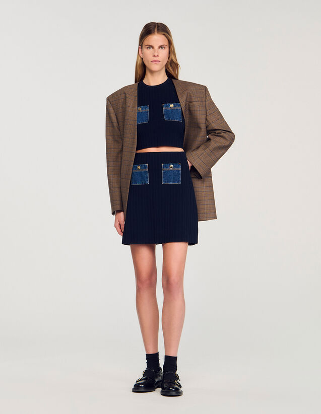 Short Knit And Denim Skirt - SFPJU01500 | sandro-paris.com Short Knit And Denim Skirt : Skirts & Shorts color Navy Blue