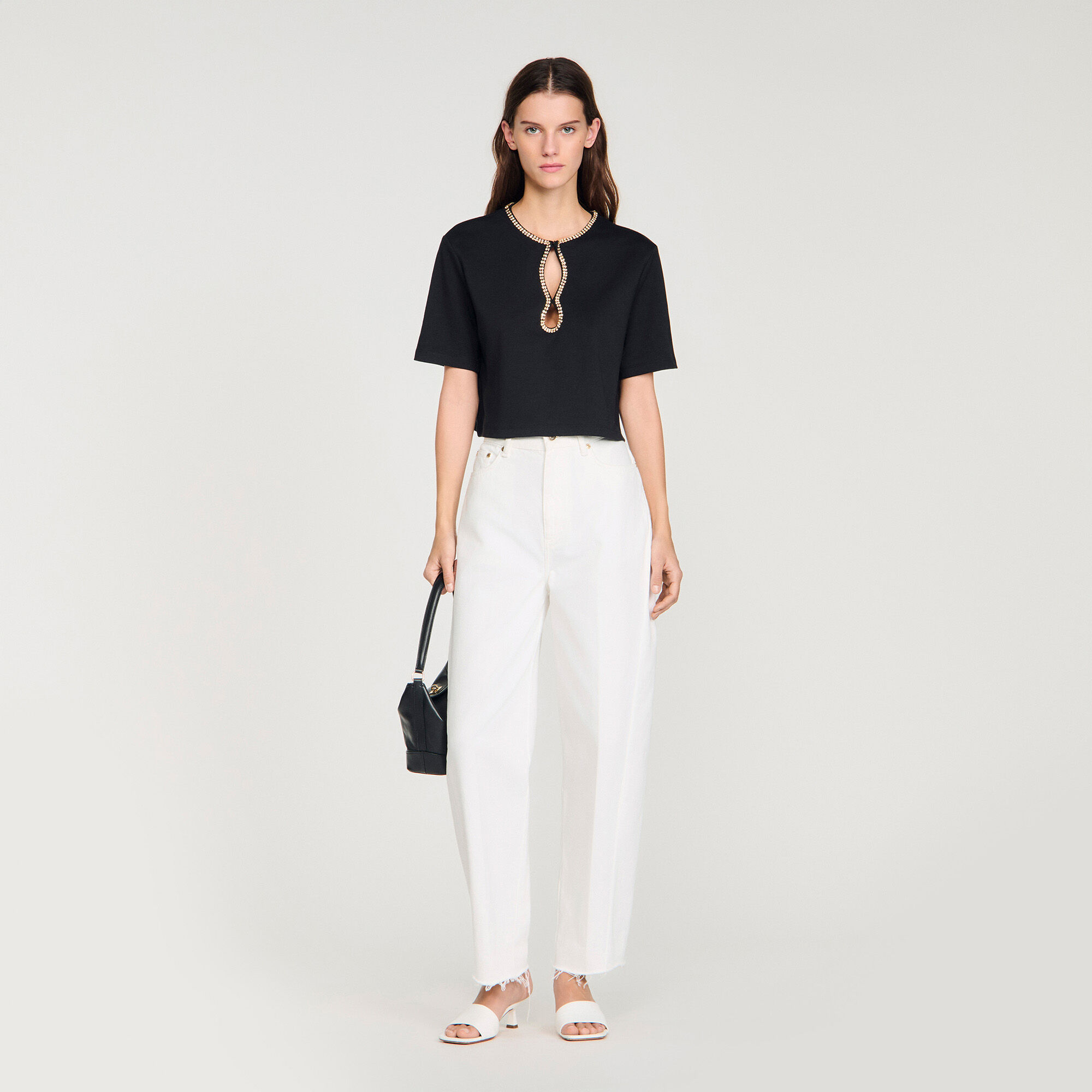 Rhinestone Cropped T-Shirt : T-shirts color Black