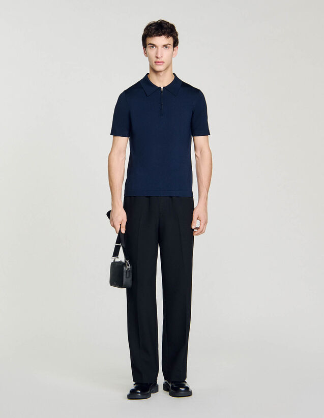 Knitted Polo Shirt With Zip Collar - SHPTR00344 | sandro-paris.com Knitted Polo Shirt With Zip Collar : Sweaters & Cardigans color Navy Blue
