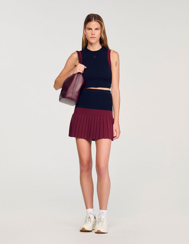 Short Two-Tone Pleated Skirt - SFPJU01503 | sandro-paris.com Short Two-Tone Pleated Skirt : Skirts & Shorts color Navy Blue