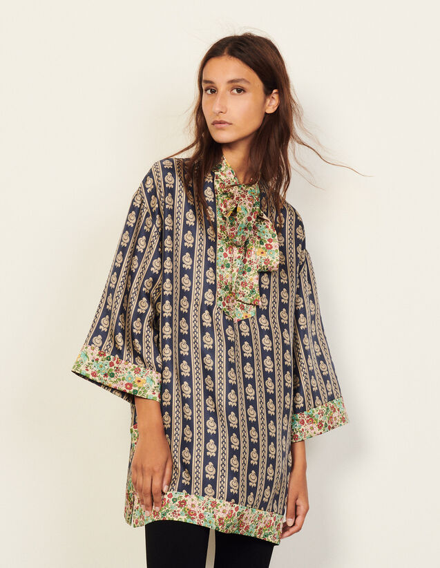 Oversized Silk Printed Tunic : Tops color Beige / Blue