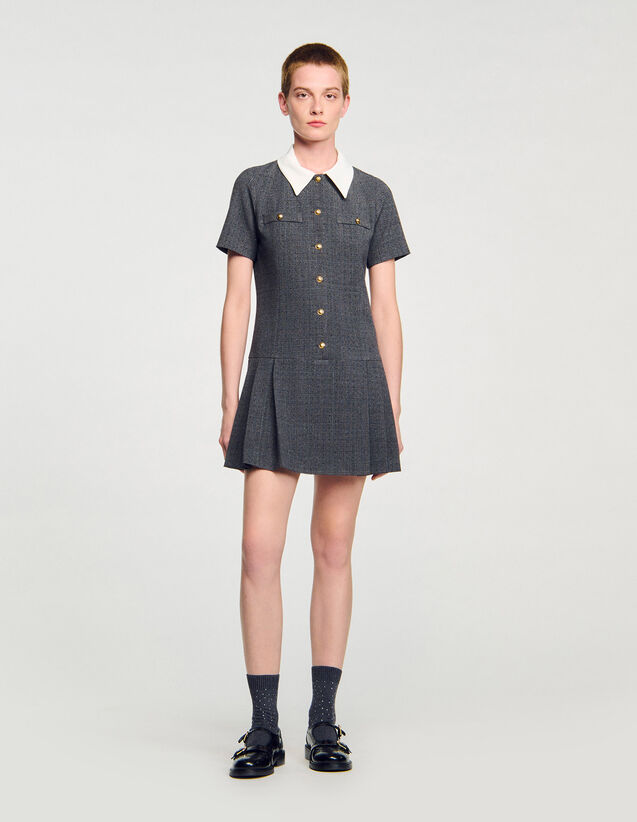 Short Pleated Dress With Rhinestones - SFPRO04423 | sandro-paris.com Short Pleated Dress With Rhinestones : Dresses color Grey / Brown