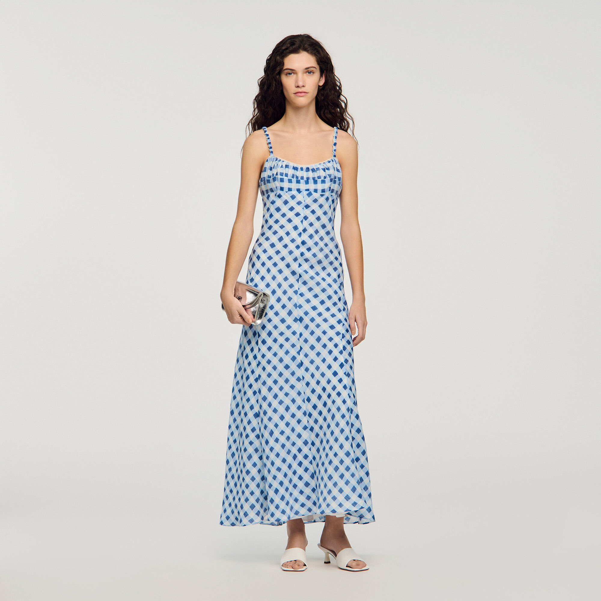 Gingham Linen Maxi Dress : Dresses color Blu / White