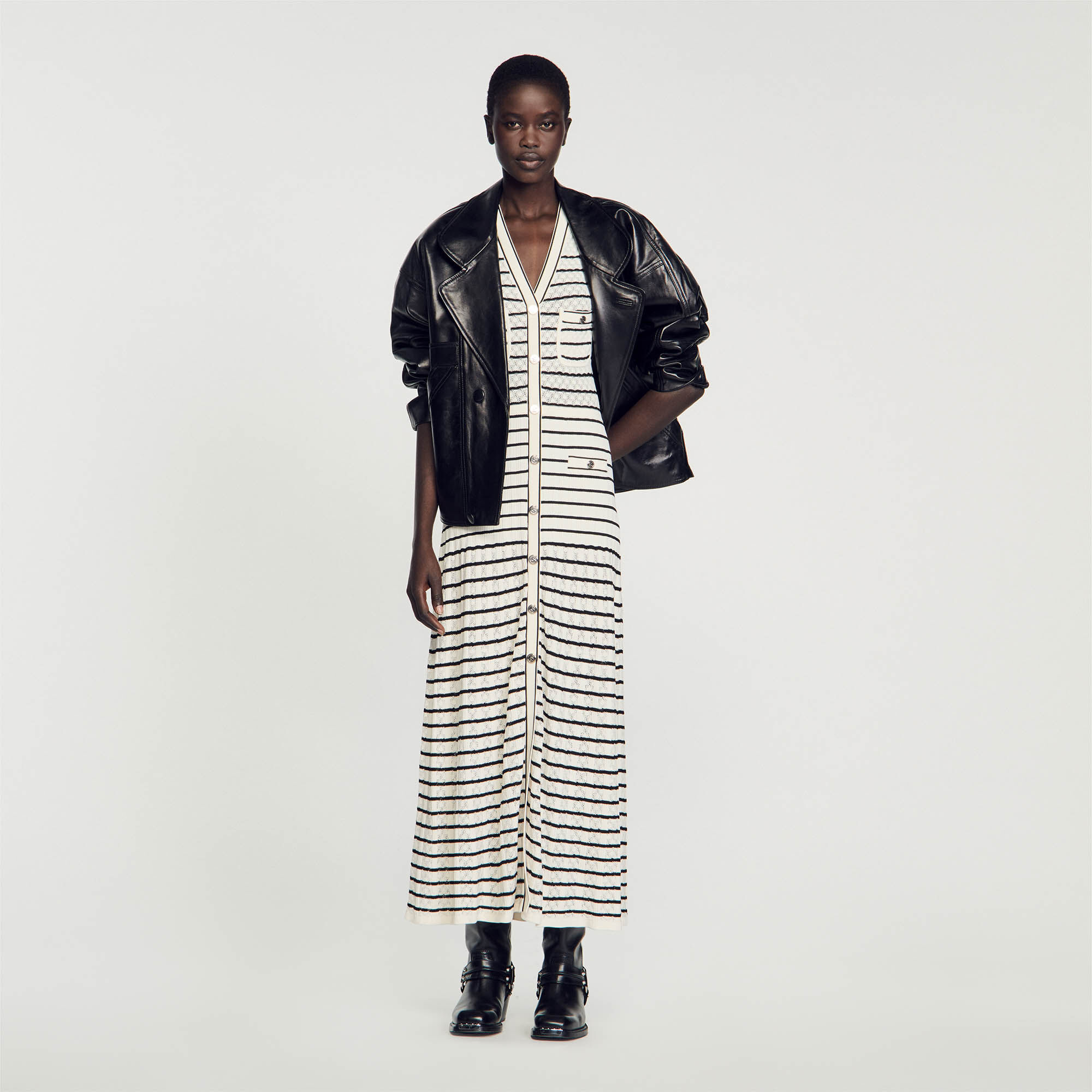 Striped Knit Midi Dress : Dresses&nbsp; color White / Black