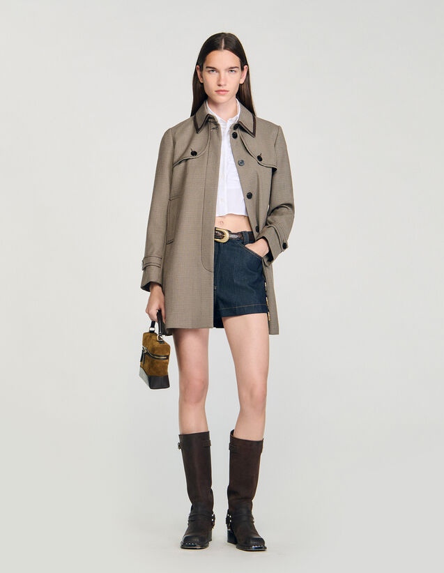 Houndstooth Trench, Leather Collar - SFPOU00764 | sandro-paris.com Houndstooth Trench, Leather Collar : Coats color Brown / Beige